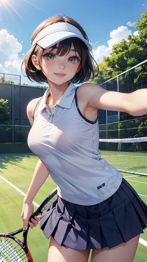 (Absurdly、best image quality、32K、Golden Ratio Face、Beautiful Girl、cute、long lashes、Double eyelids、glossy lipstick、natural makeup)、(((bob hair、 sun visor)))、(((tennis court、Tennis Club、tennis uniform、pleated skirt、Skirt fluttering、undercoat、I have a tennis ...