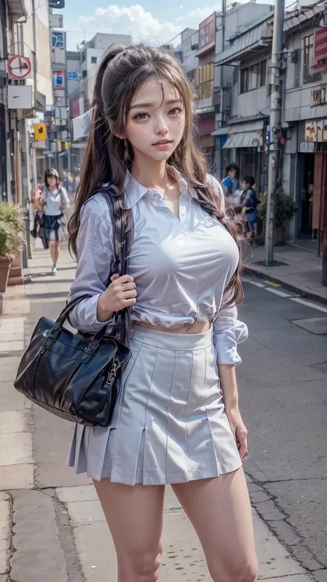 a beautiful 18 year old Japanese high school girl with perfect anatomy, healthy thighs, beautiful legs, beautiful skin, random hair color and style, large breasts, (wearing a Japanese schoolgirl uniform:1.3), (she is standing:1.2), penny loafers, holding a...