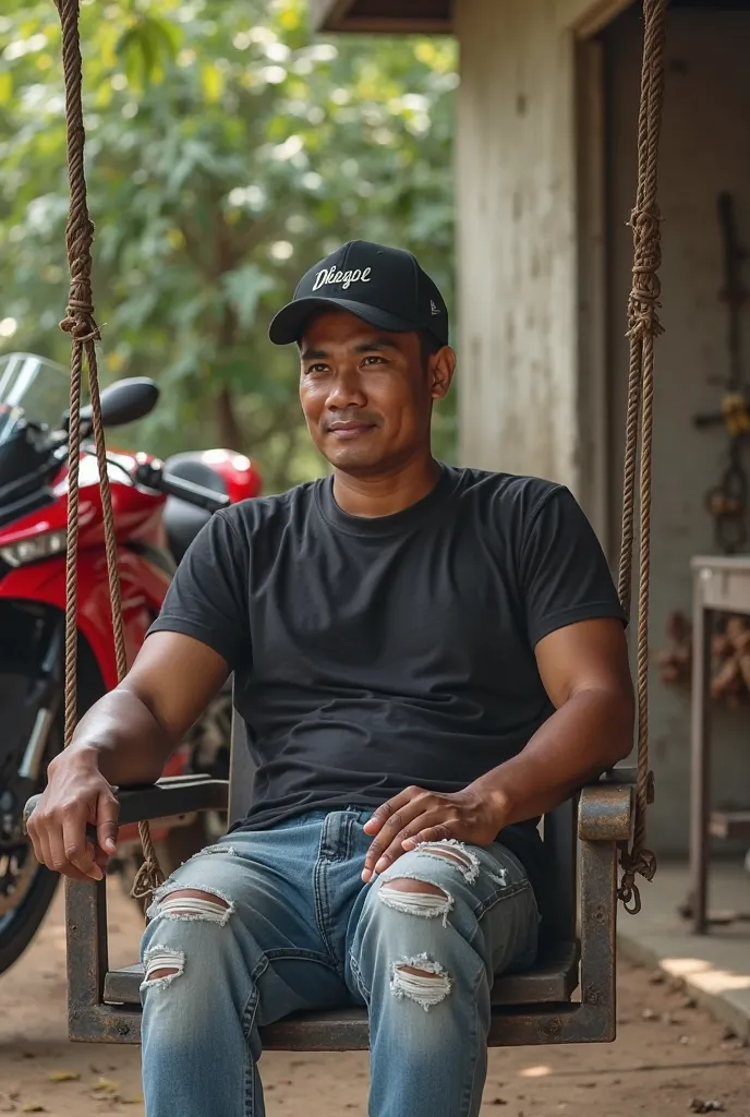 Clean face Indonesian man 25 years old wearing baseball cap inscribed dhegol wearing black t-shirt wearing ripped jeans sitting relaxed on yard swing home simple looking red Ducati Panigale motorcycle parked in yard