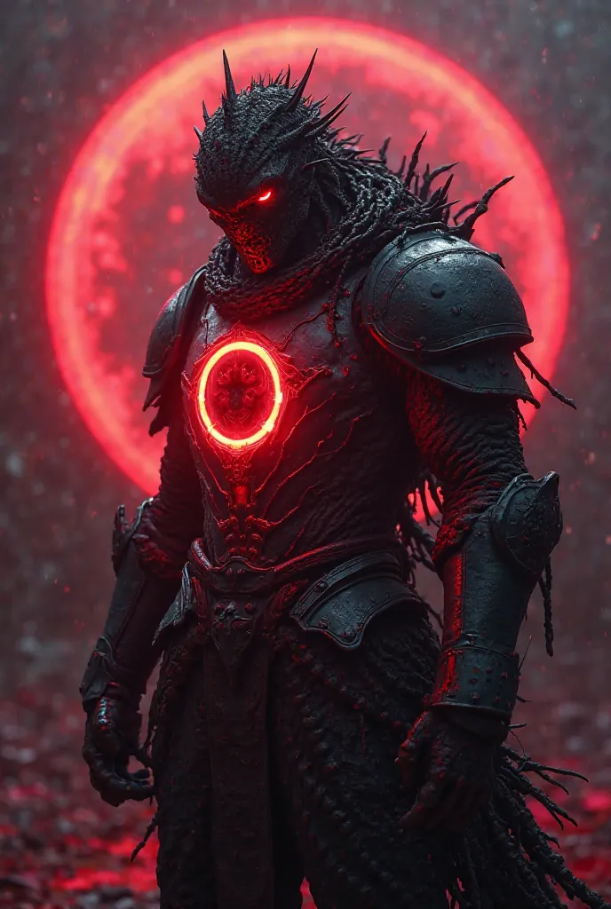 Make a profile picture which is circular in shape in that profile picture a monster is standing and staring the screen wearing a piece of Armor on which भगवान is written with red daziling neon light with bloody background 