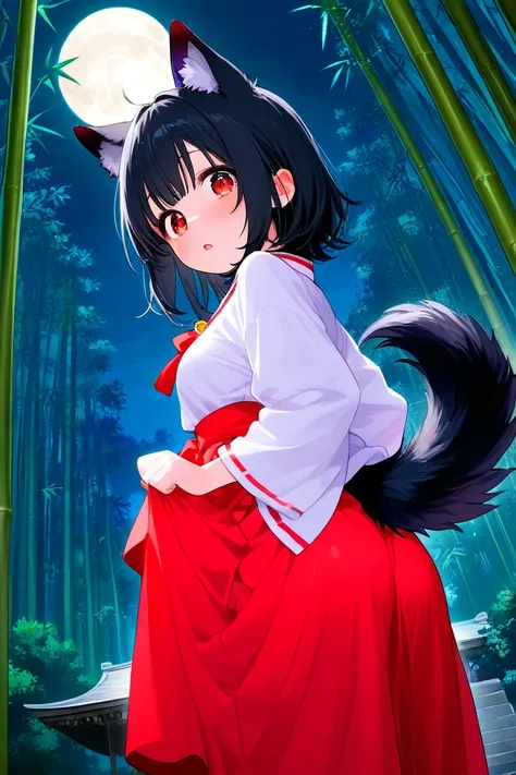  girl、 wolf tail 、Wolf Ears、 black hair、 red eyes、 shrine maiden clothes、bamboo forest、night、 full moon、A man can touch my tail、 surprised、shy