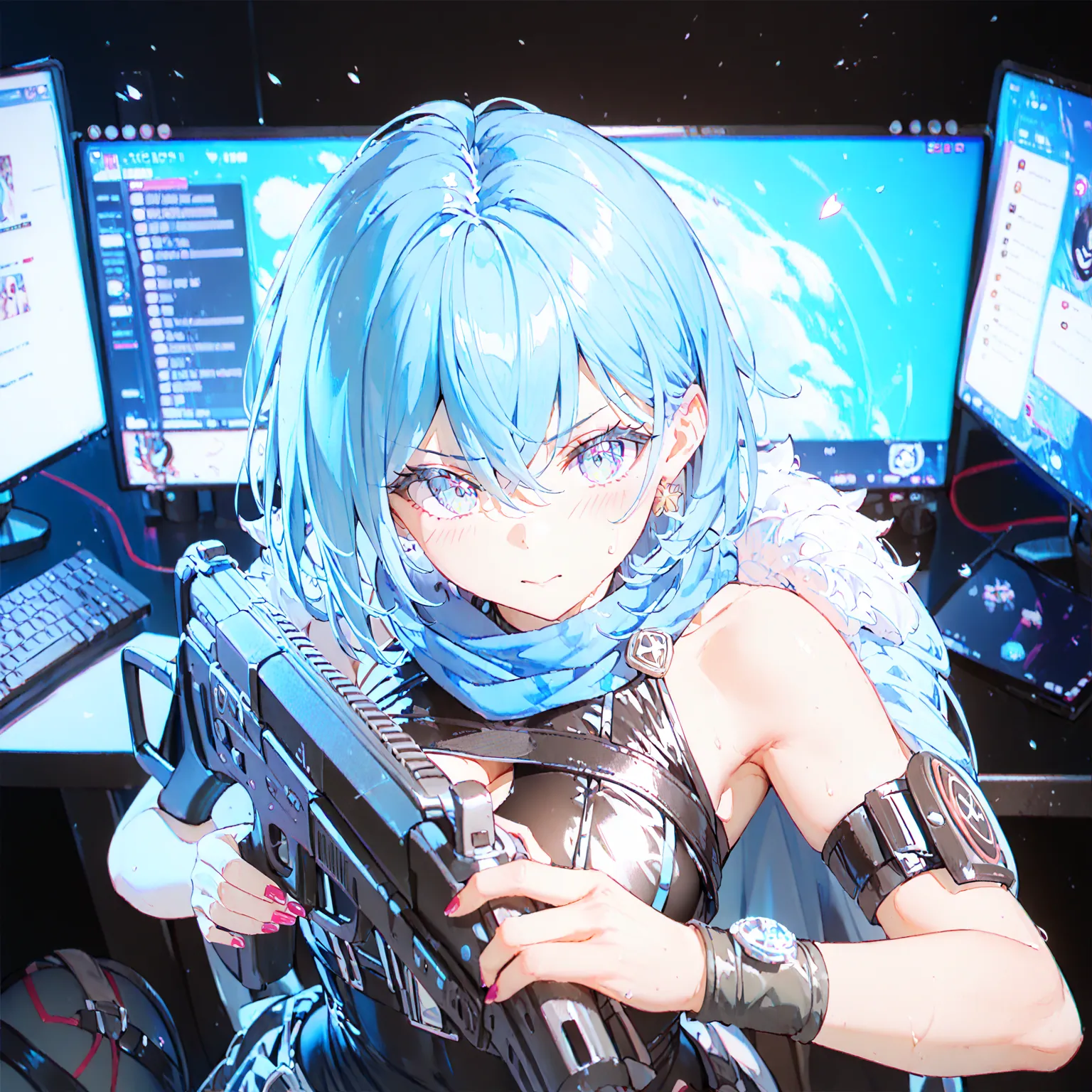 FPS game-like screen、An arm holding a gun in front of the screen、game screen like Apex Legend、The Enemy of the Ono、UI like an FPS game