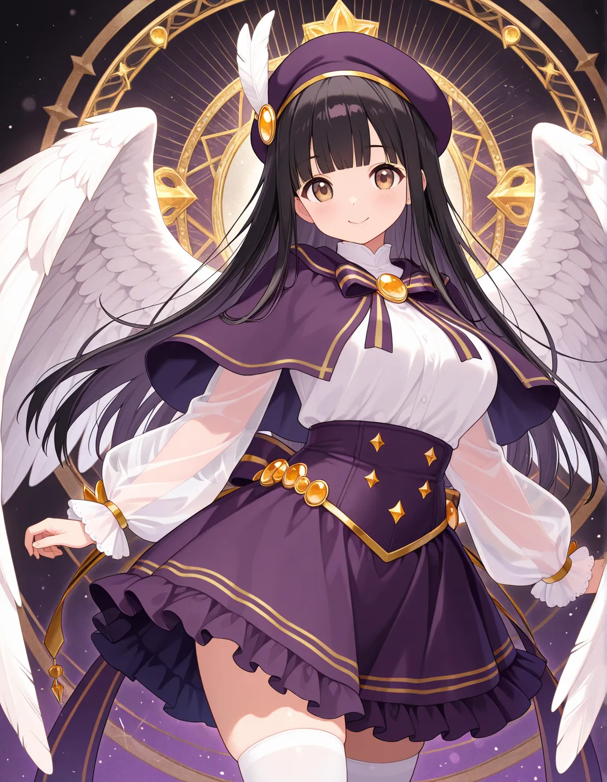 1girl, solo, voluptuous, light brown eyes, (tareme:0.6), black hair long hair straight hair glistening hair, blunt bangs, general, magical girl clothes, white blouse, puffy long sleeves see-through sleeves, dark purple capelet, dark purple skirt frilled sk...