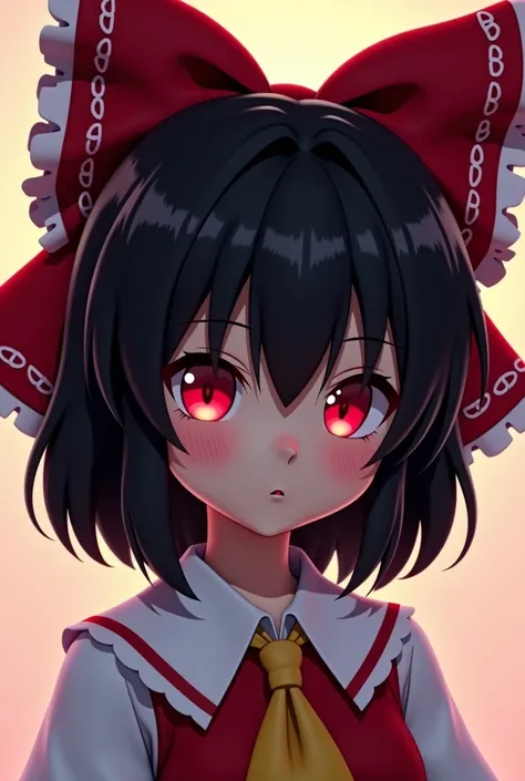 Anime girl with red eyes and a red ribbon on her head,  A ray-traced image of Kanbun Master , policonteo,  Pixel art , anime styled 3d, con Bright red eyes, anime style. 8K, con Bright red eyes,  artistic representation of Reimu Hakurei , Stylized anime, S...