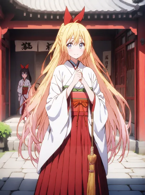 score_9, score_8_up, score_7_up,  source_anime, chitoge kirisaki, long hair, blue eyes, blond hair,hair ribbon , smile,blush,close your mouth, o, very long hair, multicolored hair, Red Ribbon, gradation hair, medium chest,Shrine maiden,  Japanese Clothes, ...
