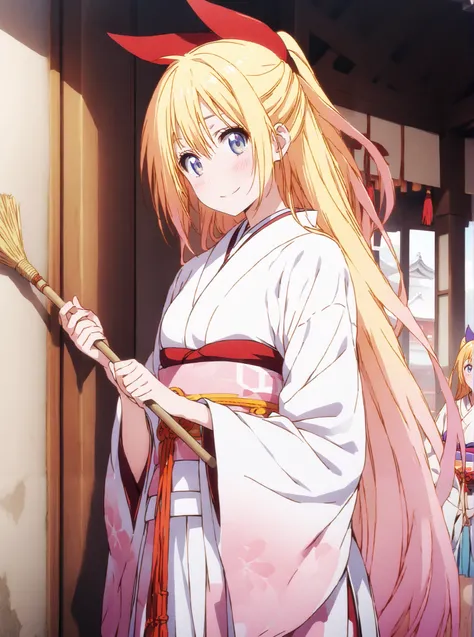 score_9, score_8_up, score_7_up,  source_anime, chitoge kirisaki, long hair, blue eyes, blond hair,hair ribbon , smile,blush,close your mouth, o, very long hair, multicolored hair, Red Ribbon, gradation hair, medium chest,Shrine maiden,  Japanese Clothes, ...