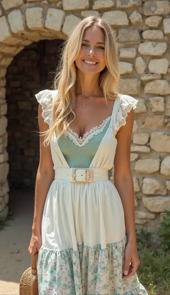 The photo shows a woman, standing against the background of an old stone building, similar to a small house or outbuilding. She is wearing a light white sleeveless dress with frills on the shoulders and made of translucent fabric. The dress is complemented...