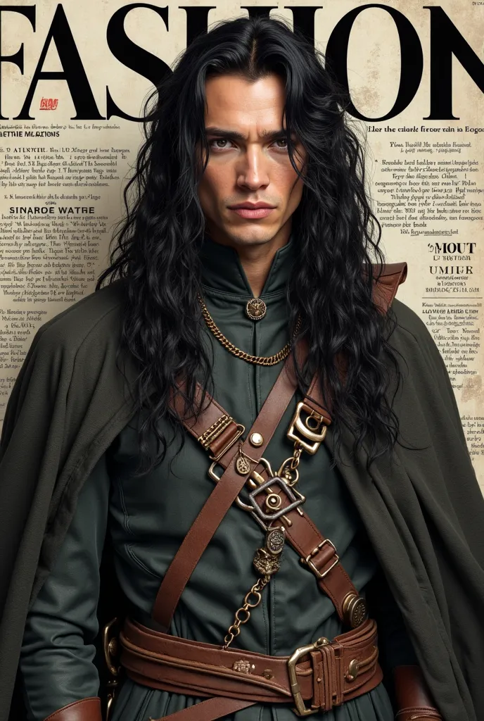 Create the cover of a fashion magazine with Aragorn de LOTR real hyperrealistic Hyperrealism as the protagonist of the cover and with background texts as if it were a real magazine.  outfit.  hyperrealism. live action magazine. black hair. 