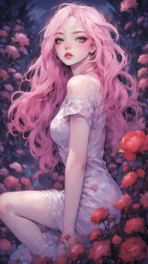 4K anime style picture quality，digital drawing mode， Charming woman ，has flowing pink hair and shiny violet eyes，wearing a silk dress with a heart pattern，standing in a mysterious garden full of roses，radiant skin with soft blush，A charming and kind expres...