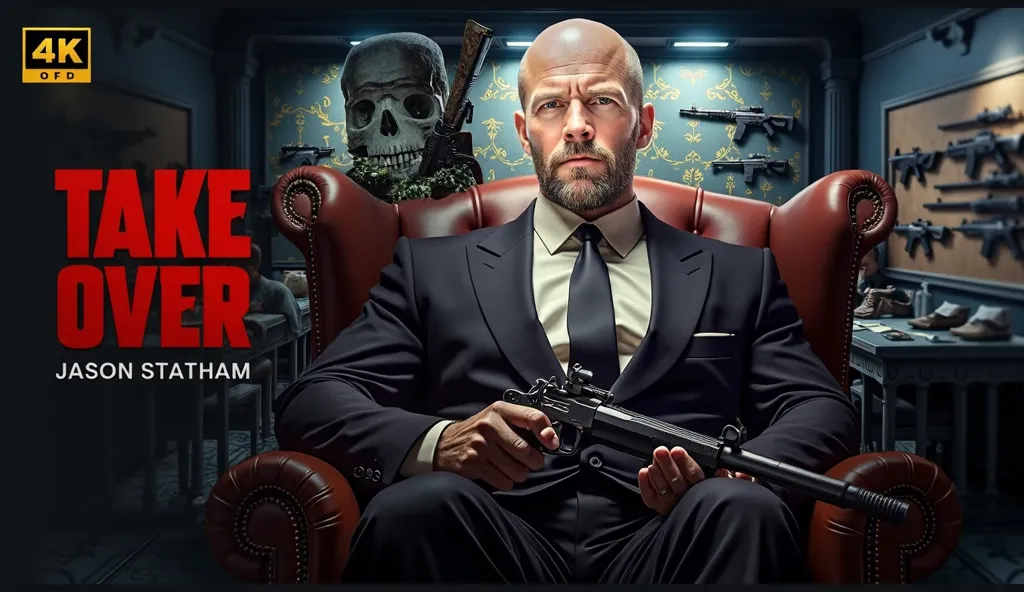 Jason Statham sitting next to a weapons at the gangster house, title text "RISE OF A DON", style of youTube thumbnail Looking at viewer