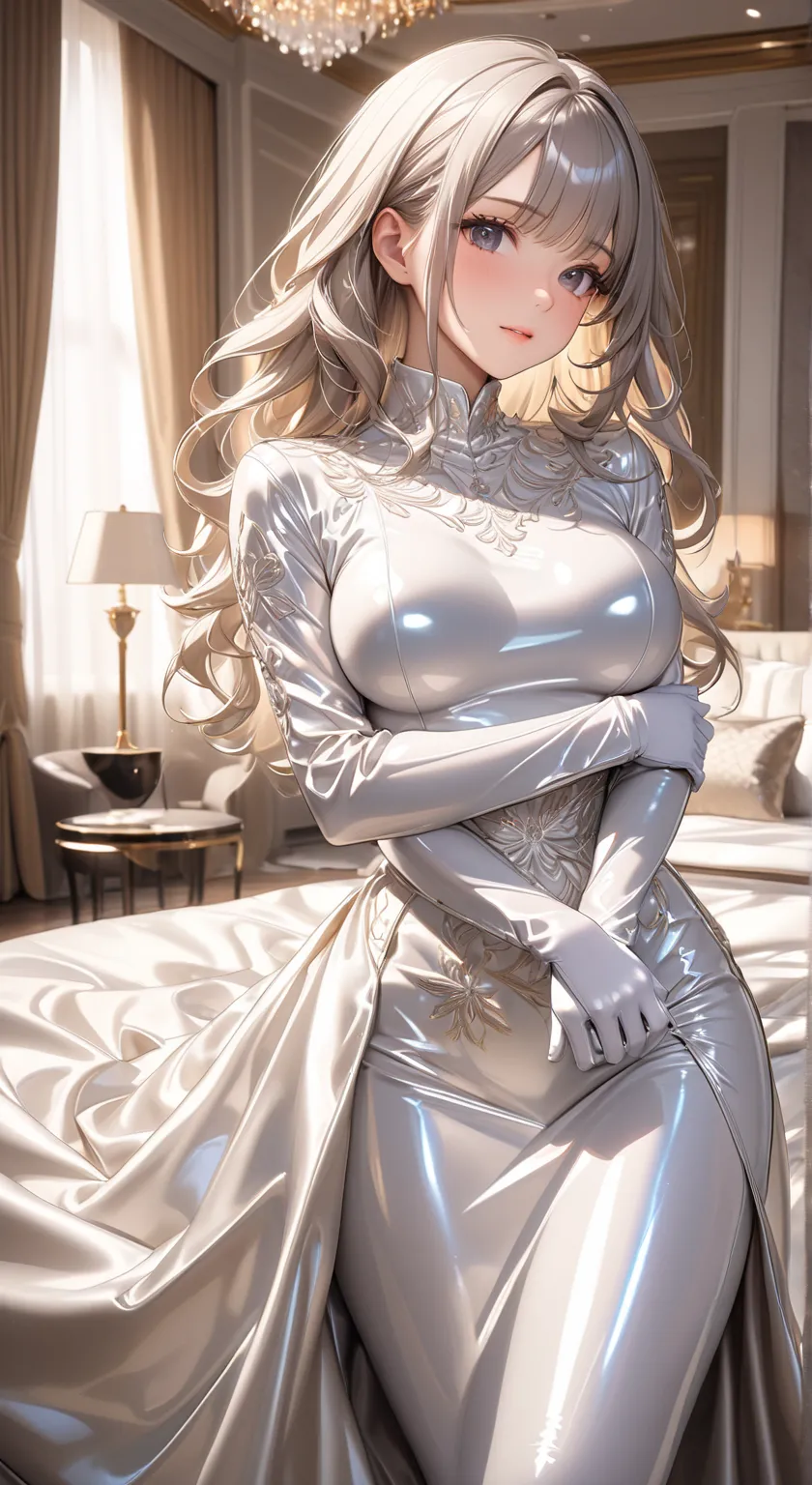 portrait、god々Shining light、Photo taken from the front 、( masterpiece,top quality, super high resolution ),highly detailed CG,Japanese Women,((beautiful face)),((Long sleeve long sleeve dress made of shiny white rubber))、((The dress has a gorgeous design)),...