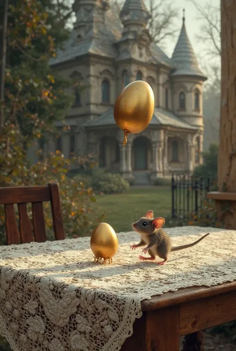 old Russian house in the background, a golden egg falls off the table and a mouse runs by. There is an openwork tablecloth on the table