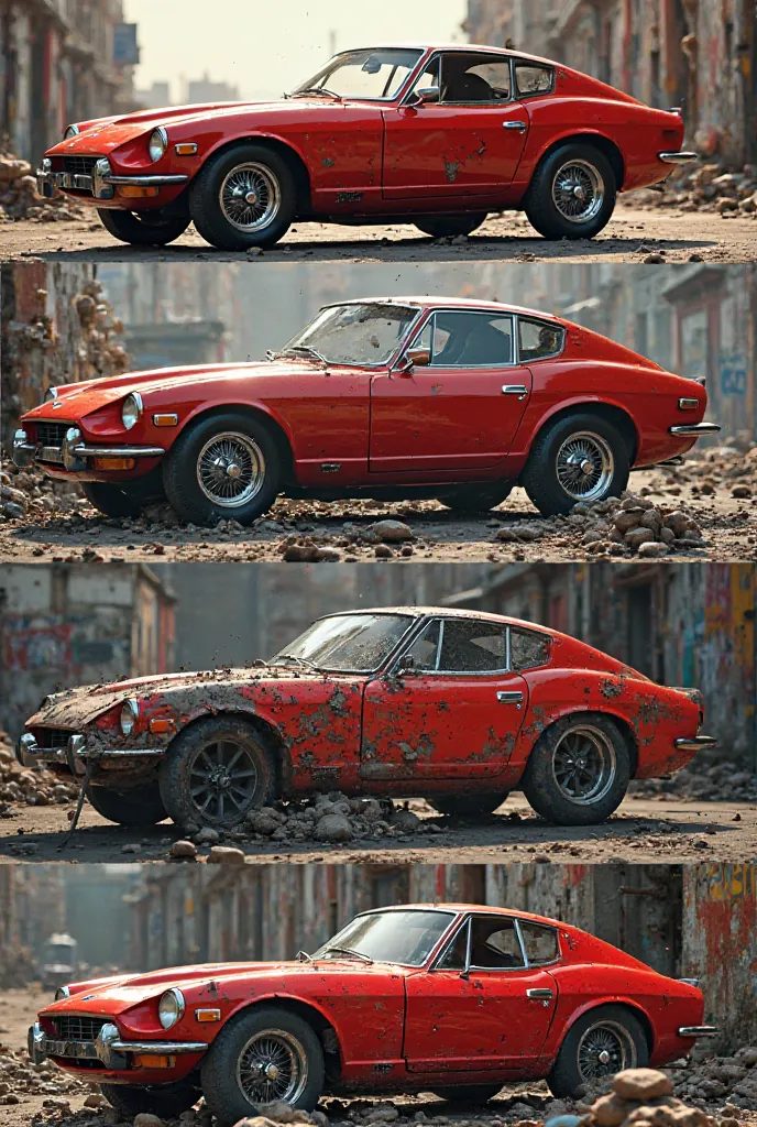 Create a series of 4 pictures, showing a red car in various states: 1. picture car is new and shiny 2. picture car is dusty and scratched 3.Picture car is very dented 4.picture car is junkTotal damage