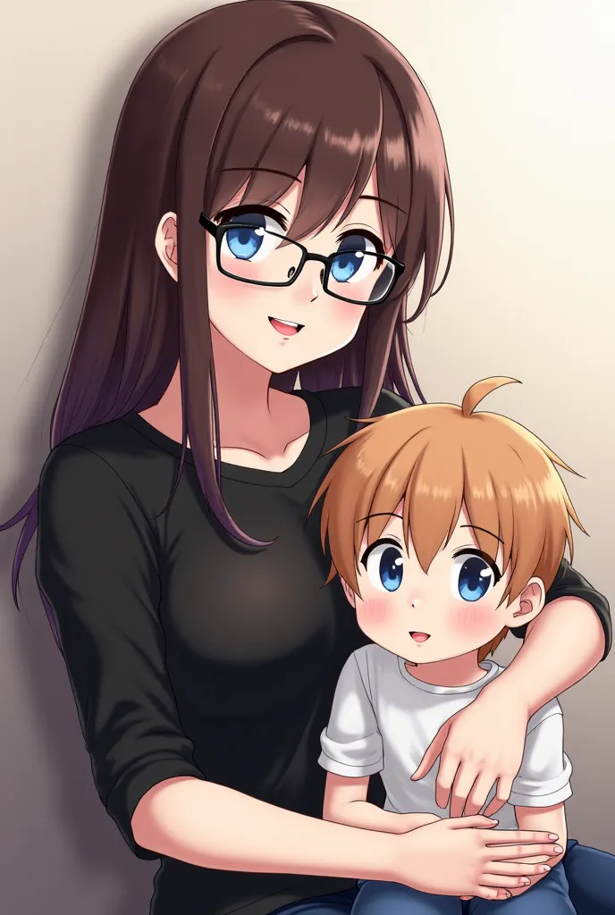 Anime styl, woman with dark brown hairs, glasses, zeleno- blue eyes , breasts size 3, black shirt, on her lap otherwise sits  son, light brown hairs, smile,  blue eyes , from the other side woman holding hand  boy, light brown hairs,  blue eyes , smile. 