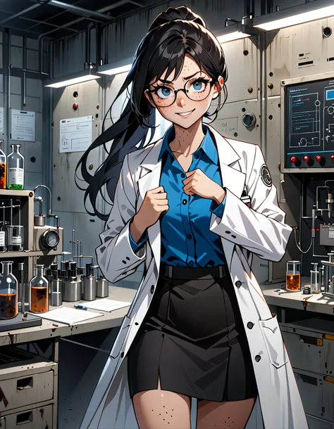 masterpiece, best quality, 1girl, solo, tall body, scientist, mad scientist, (white lab coat), black pencil skirt, shoes, (dress shirt, blue shirt), glasses, black hair, ponytail, long hair, hazel eyes, (freckles on face), scheming pose, professional, labo...