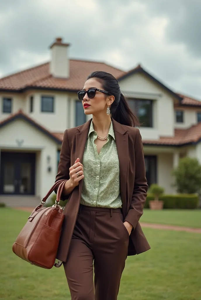 "A stylish woman with a confident expression walking away from a luxurious suburban house, carrying a large brown leather travel bag. She is dressed in a tailored brown pantsuit with a light green patterned blouse, wearing dark sunglasses and elegant earri...