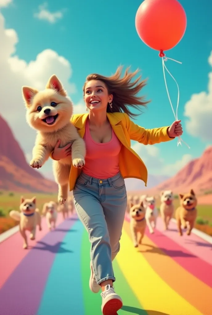 casual cute fashion、surreal pop equipment、Clear Eye、Exhilarating Smile、 eyelashes、Gloss Lip、Run at full speed on a rainbow-colored road holding a dog with both arms、Refreshing breeze、Fluffy Dog Ears、Dog Pose with Everyone、Cheerful Dog Crowd Continues、Beaut...