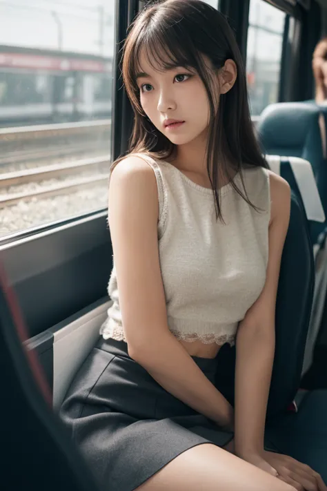 A young woman of Asian descent is sitting in a dark-colored seat in what appears to be a public transport vehicle. She is in the center of the image, facing the viewer with her entire body facing them. She appears to be in her late s or early twenties. The...