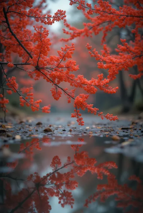 Mood picture of Hongmei Aoxue，three-dimensional Chinese brush style，Miniaturized photography lens，A good close-up depicting red plum branches gathering in the middle，Moving mirror from bottom to top，32K high-definition picture quality， masterpiece，Looking ...