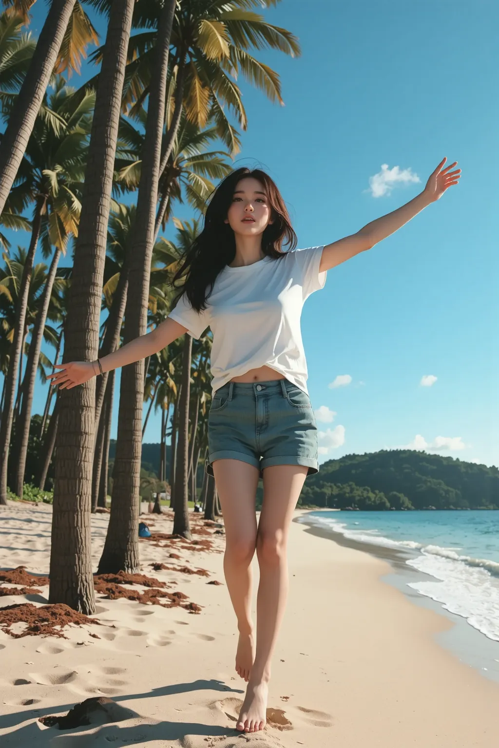 (top quality、걸작、high resolution、8k)、bright colors、1 female、A young and beautiful woman、 long black hair、barefoot、A woman wearing a white t-shirt and shorts is jumping high、Surprised smile、 official art 、 The background is the ocean 、  blue sky  、Large sand...