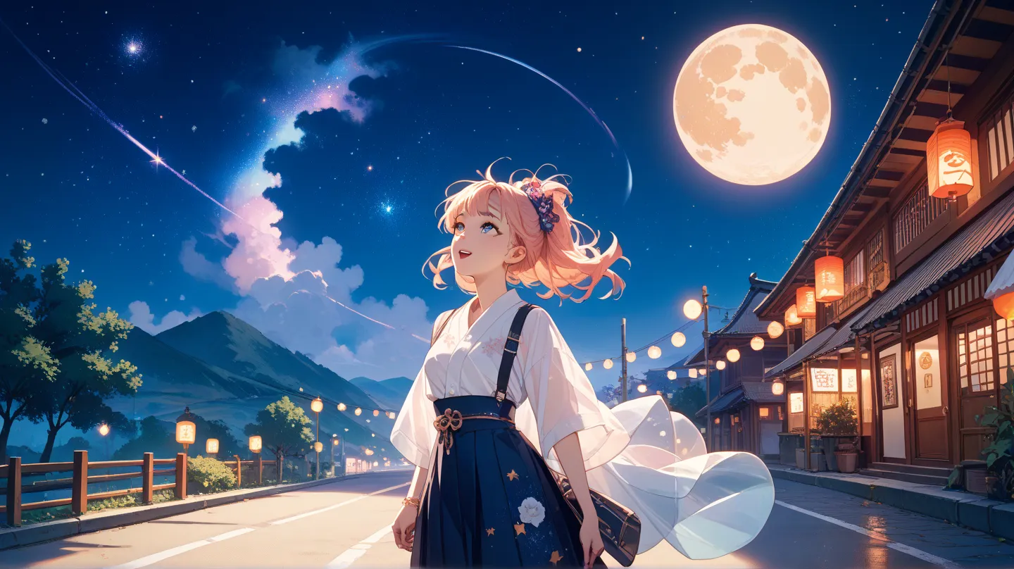 Japanese anime style,Night Road,Looking up at the stars ,I can see the moon,The background is real,