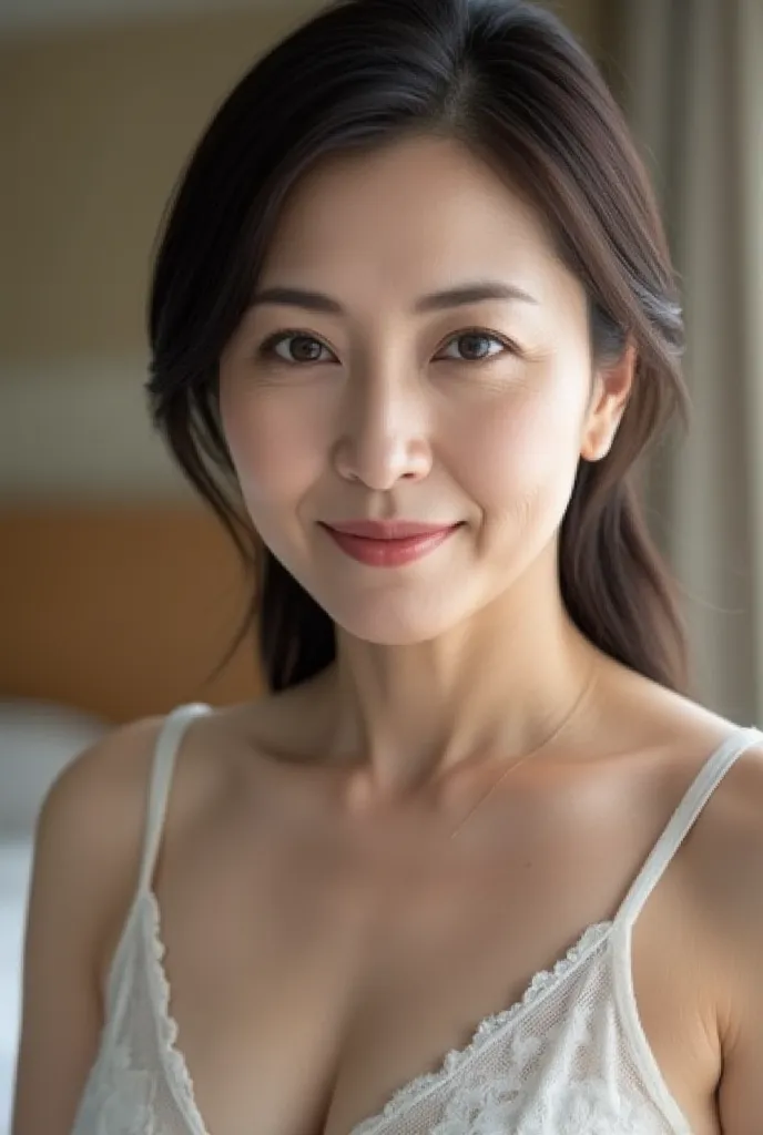 mature woman、Japanese、48 years old (Mature Beauty: 1.5)、Kind and charming smile、(nasolabial folds :1.4)、Natural Aging、Warm Eyes、(upper body close-up shot :1.3)、soft ,Natural wrinkles、clean skin (1.4)、very detailed (1.4)、Beauty live spot incomparable with t...