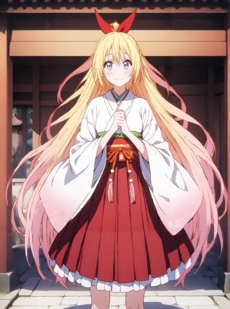 score_9, score_8_up, score_7_up,  source_anime, chitoge kirisaki, long hair, blue eyes, blond hair,hair ribbon , smile,blush,close your mouth, o, very long hair, multicolored hair, Red Ribbon, gradation hair, medium chest,Shrine maiden,  Japanese Clothes, ...