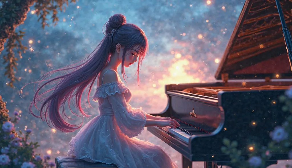 piano, female a beautiful young anime girl sitting at a grand piano, delicate facial features, long flowing hair, graceful posture, playing the piano with passion, detailed intricate piano keys, ornate piano design, lush fantasy landscape background with g...