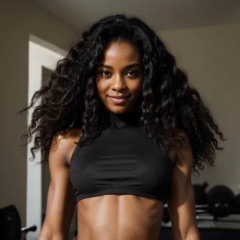 African black woman, very dark ebony skin, long kinky frizzy hair, Fitness musclular body, smile, crop top, portrait , from face, official ID photo, at home 