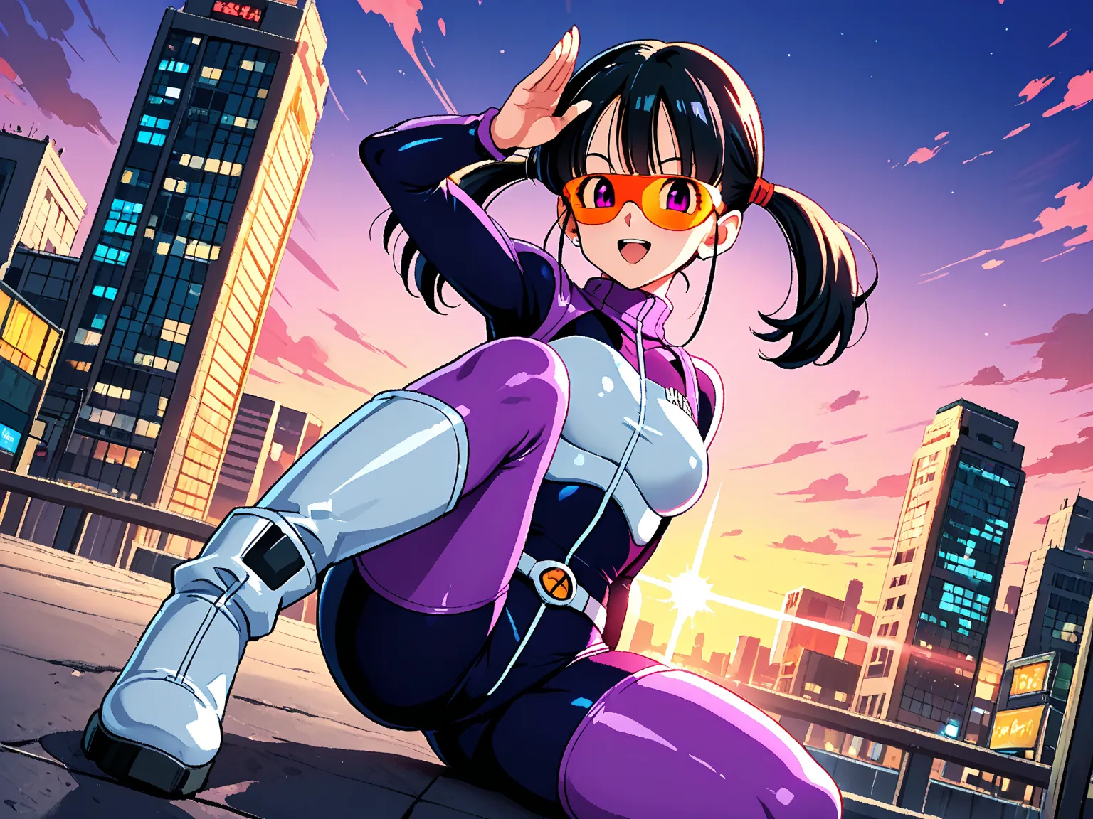 "Dragon Ball Z video in a natural environment during a vibrant sunset. She wears her iconic training suit: a tight white transparent top , tight black shorts and white boots with blue details. Her black hair is tied in two pigtails'.  She is in a suggestiv...