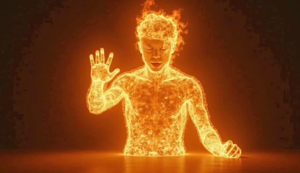 "A human figure being instantly incinerated by a nuclear explosion. The body is engulfed in an intense, fiery glow, with skin and flesh vaporizing in an instant. The face is barely recognizable, dissolving into bright orange and yellow flames, blending wit...