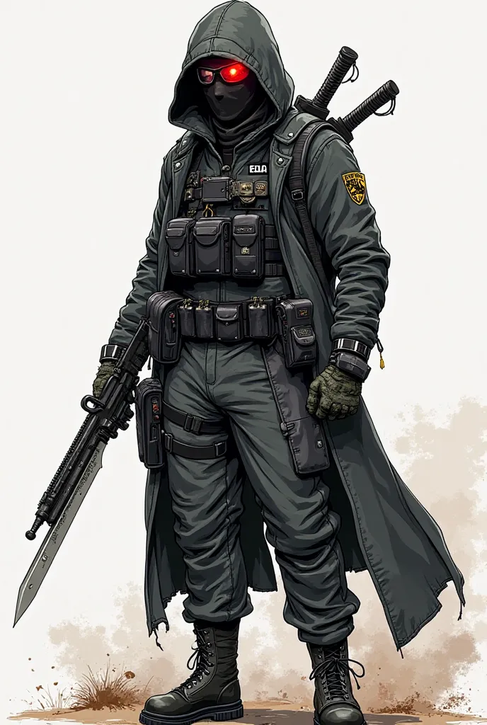 I want you to generate for me a soldier with a vest per ball, a hooded jacket, a hooded jacket, pants, boots, a helmet with glasses and an all black mask with an armored knife on the shoulders of the character with 2 desertigeul on his hips is I want him t...