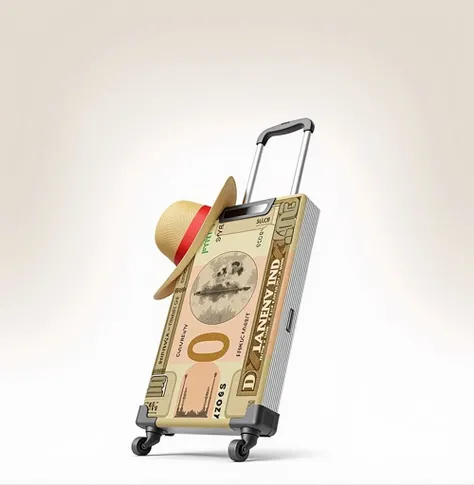 "A creative and visually appealing concept that blends travel and financial freedom. A sleek, modern suitcase is transformed into a currency note, symbolizing wealth, investment, and the ability to explore new opportunities. A stylish hat adds a touch of l...