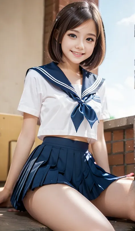 ultra detailed baby face, young girl, age of 9, slim firm thighs, tight uniform shirt with sailor collar, pleated short skirts, very huge round firm plump breasts, well proportioned, flat belly, small waist, no more than age of 14, big bright eyes, full li...