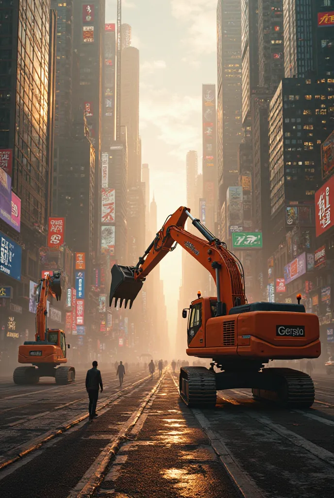 skyscrapers, on every display, each board shows an excavator. Blade Runner 2049 style