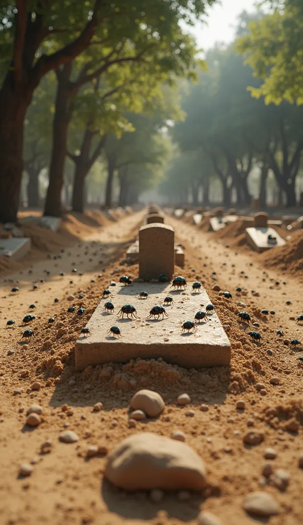 "A traditional Muslim grave in a serene cemetery, covered with natural earth and freshly disturbed soil. A simple, unmarked headstone stands at the head of the grave. The sandy ground is uneven, with small rocks and dry clumps of dirt scattered across the ...