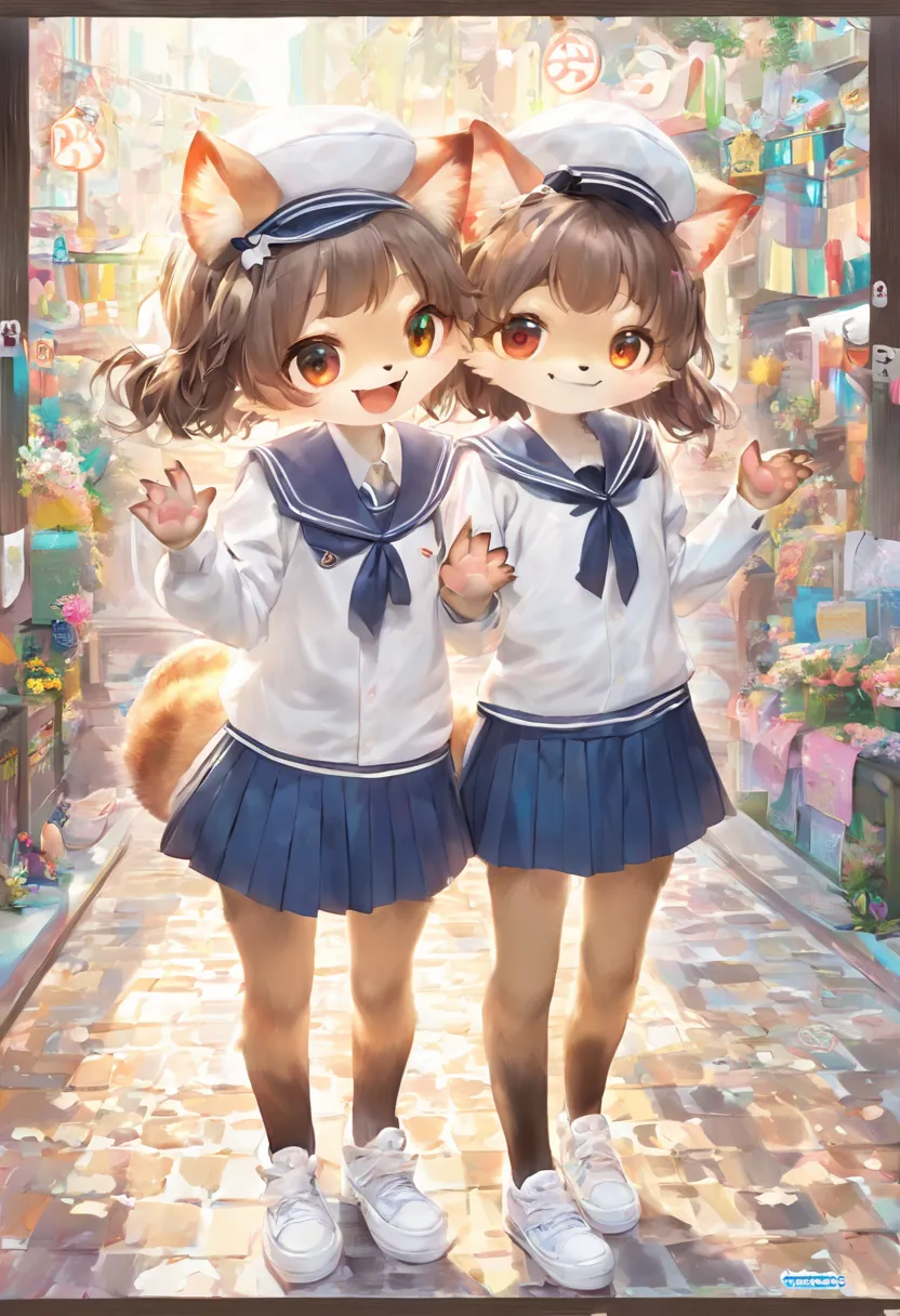 Raccoon:2 girls::  high school uniform  :sailor suit,cute,masterpiece,Wide range of colors,top quality,official art,   fantasy,colorful,happy,smile,最高にcute猫,   fluffy,I&#39; m I'm looking forward to it , happy,  Niceな背景  ,   sophisticated cityscape,Fun out...