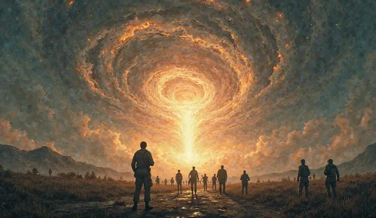 Description: This illustration shows the moment when the rift opens in the sky, signaling the alien arrival. A massive, swirling vortex of light and darkness stretches across the heavens, casting an otherworldly glow on the landscape below. People in the d...