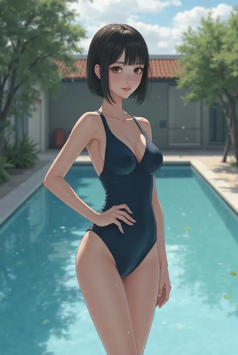 Please output Japanese women in school swimsuits、The woman is facing us and standing by the pool、The swimsuit I'm wearing is dark blue and has a matte texture