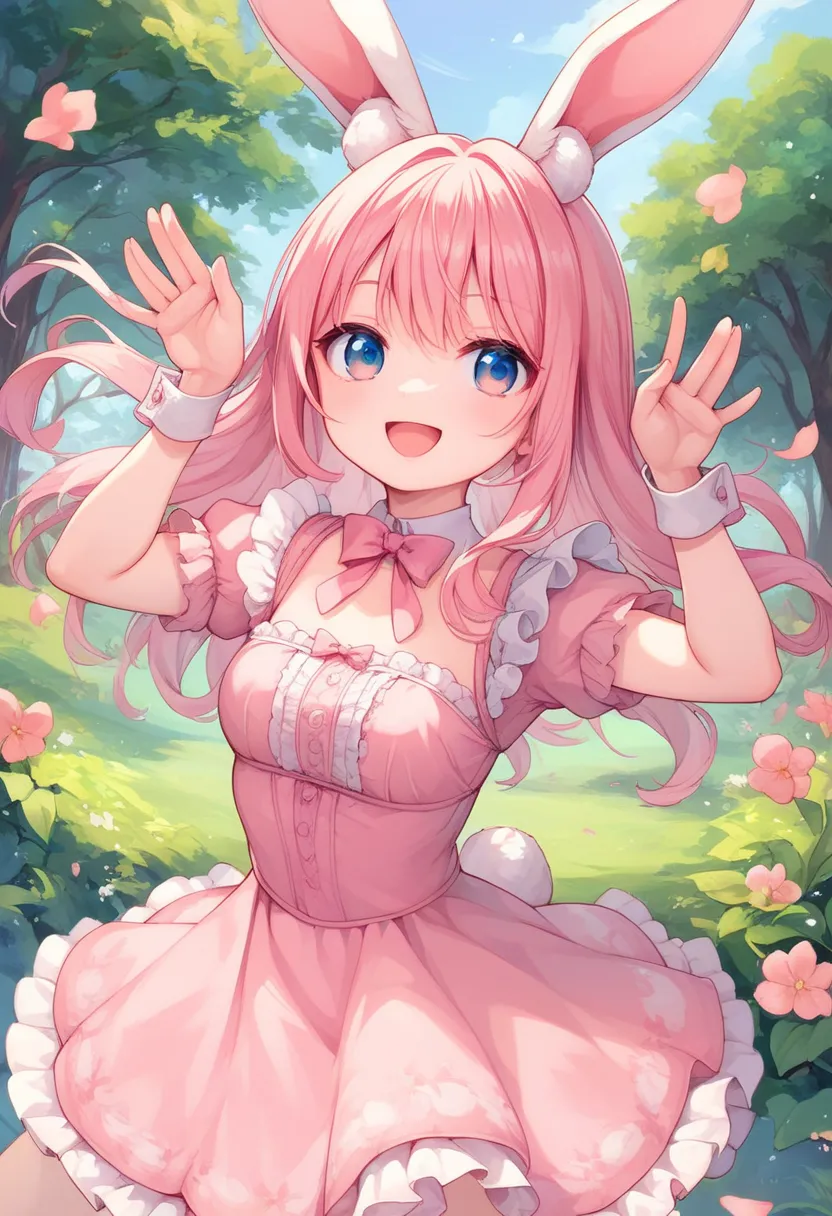 girl,pink hair,rabbit ear,rabbit tail,rabbit pose,smile,open mouth,frill dress,pink dress