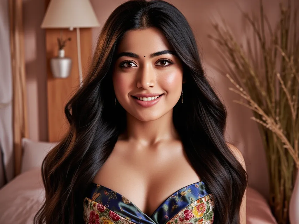 A half body of confident-looking Bangladesh woman with long and thick hair, (masterpiece, best quality:1.2), looking at viewer, hazel eyes, a smile on the face, royal and lusty look, posing like a professional model for a photoshoot, (((big breast))), perf...