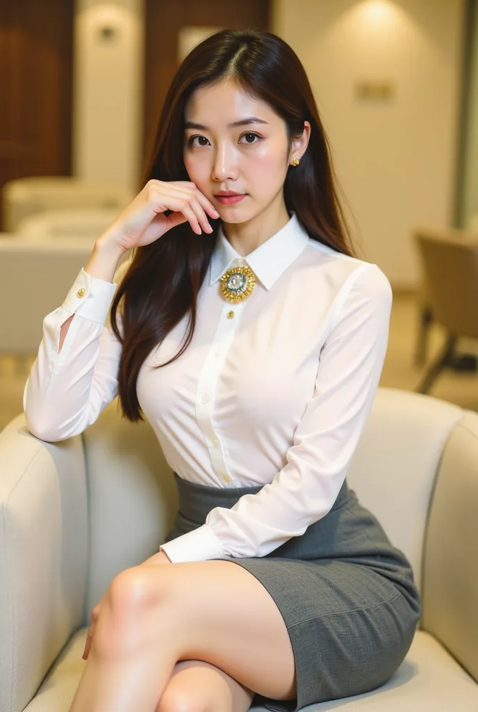 a young woman seated on a light-colored chair in an indoor setting, likely an office or lounge. She has long, dark hair styled neatly, and her expression is poised and confident. She is dressed in a professional yet stylish outfit, consisting of a white bl...