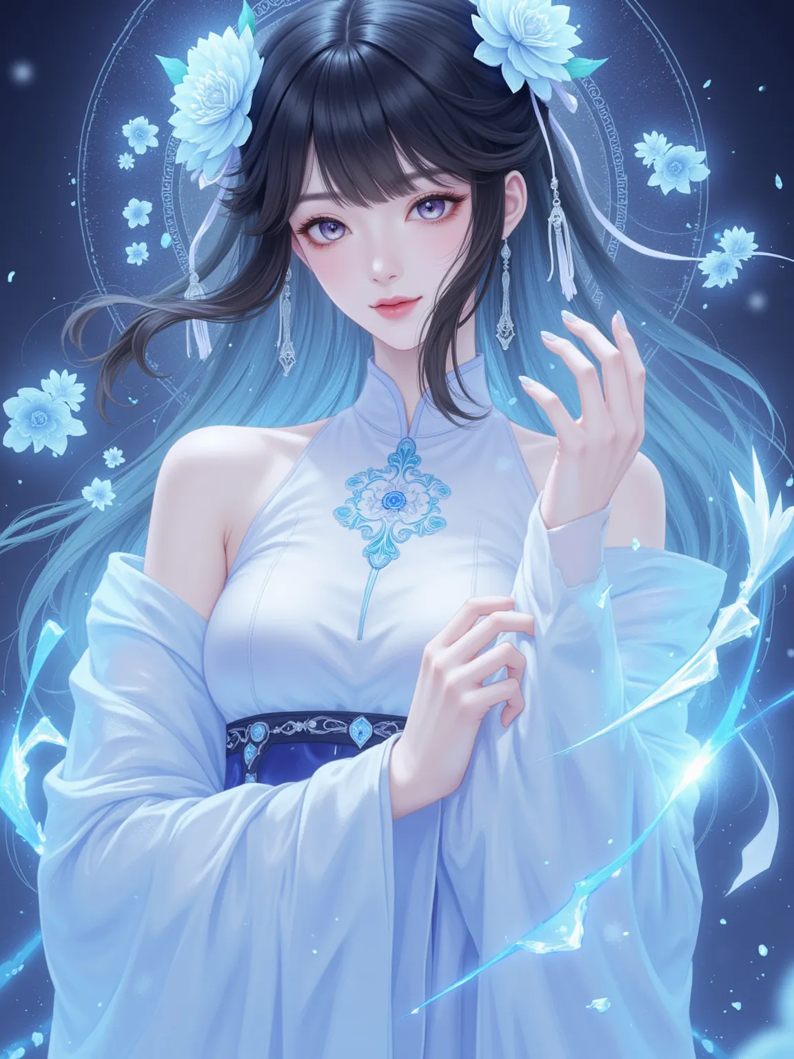 A mysterious and beautiful woman with dark hair and wearing a white hanfu, wrapped in ice crystals and surrounded by delicate flowers. She has a mysterious aura and is illuminated by a mysterious light. This full-body shot showcases the Chinese-style aesth...