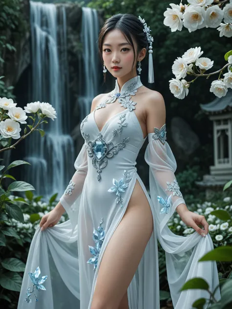 A mysterious and beautiful woman with dark hair and wearing a white hanfu, wrapped in ice crystals and surrounded by delicate flowers. She has a mysterious aura and is illuminated by a mysterious light. This full-body shot showcases the Chinese-style aesth...