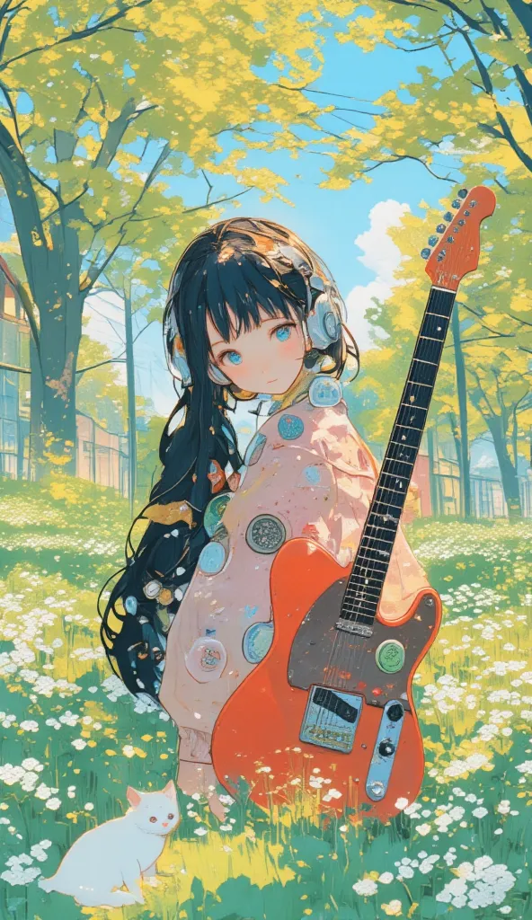 TOP QUALITY,  masterpiece,   very accurate,   High Resolution,    beautiful 8K computer graphic art,   blue eyes， black hair， shoulder length，has a very large red ribbon on its head，headphones   ，pale pink and black two-tone jacket wrapped in lots of white...