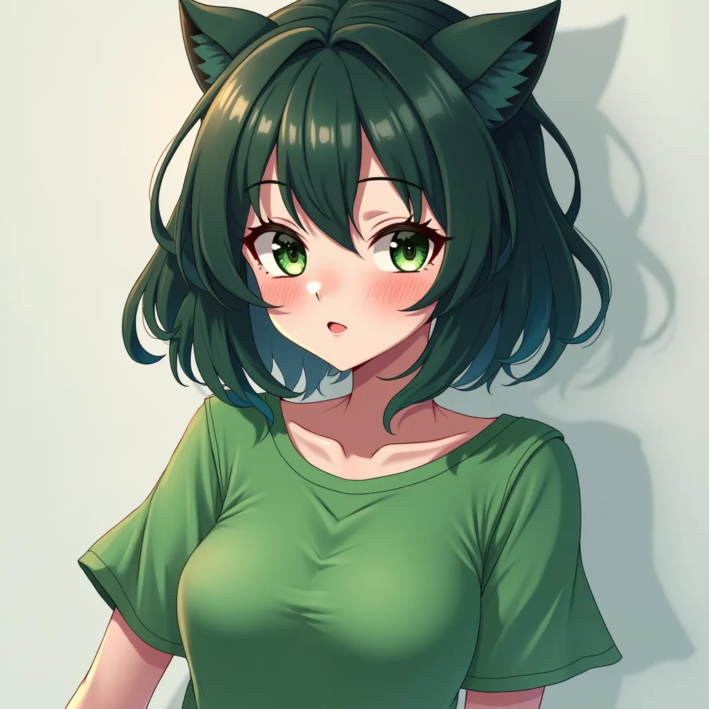 Badem,  with white skin,  with green t-shirt , anime style,  medium breasted , dj  anime girls, detailed portrait , ultra realistic, 8k,  Fine Details , high definition, high quality, studio lighting, physically based rendering, vivid colors, fine brush st...