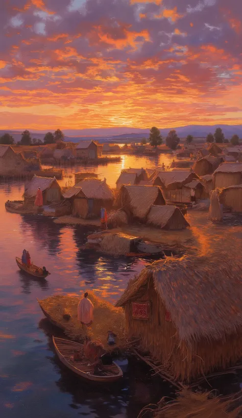 (oil painting, venice:1.4), 8k resolution, masterpiece, TOP QUALITY, Award-Winning Works, Floating islands of the Uros on Lake Titicaca, beautiful sunset, Floating reed town on a lake