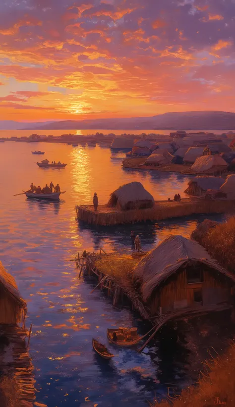 (oil painting, venice:1.4), 8k resolution, masterpiece, TOP QUALITY, Award-Winning Works, Floating islands of the Uros on Lake Titicaca, beautiful sunset, Floating reed town on a lake