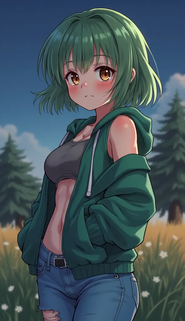 masterpiece, best quality, 1girl, solo, uncensored, petite,   mtzmbe, green hair, brown eyes, short hair, green hoodie, sleeveless, torn clothes, hood up, jeans, upper body, looking at viewer, half-closed eyes, bored, large breasts, field, night sky, trees...