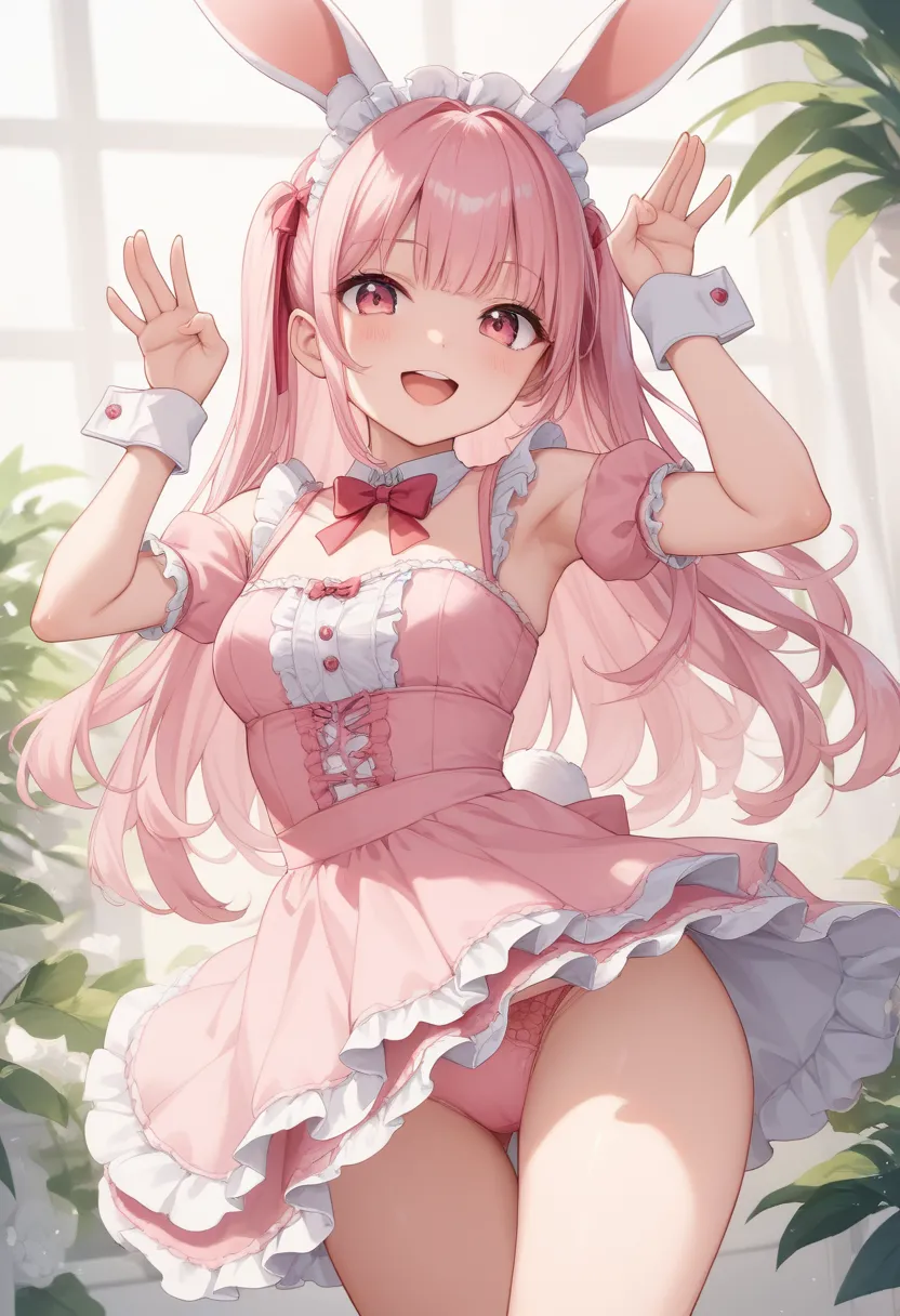 girl,pink hair,rabbit ear,rabbit tail,rabbit pose,smile,open mouth,frill dress,pink dress,スクワット,pink panties